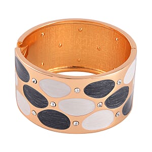 White Austrian Crystal, Black and White Enameled Bangle Bracelet in Goldtone (7.00 In)