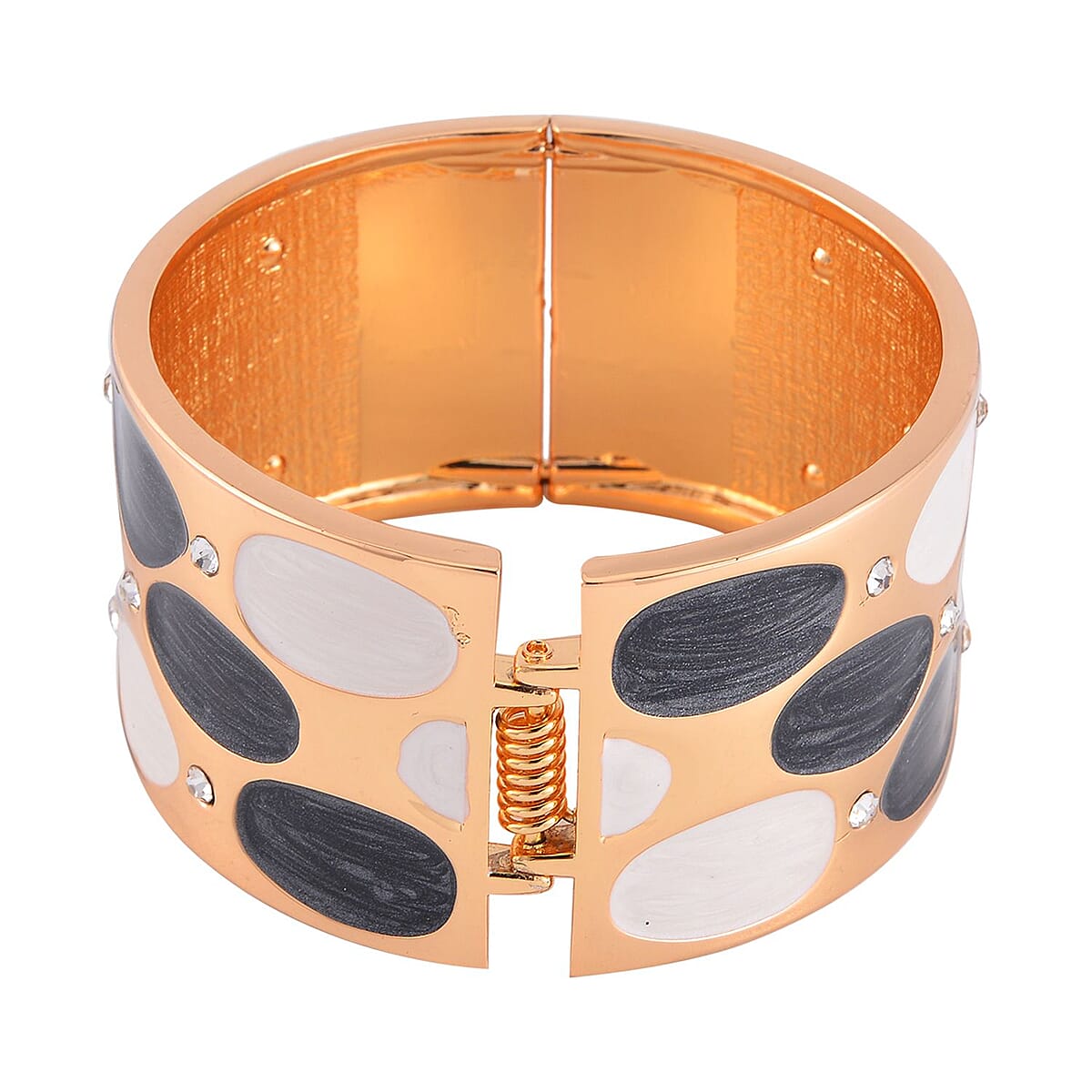 White Austrian Crystal, Black and White Enameled Bangle Bracelet in Goldtone (7.00 In) image number 3