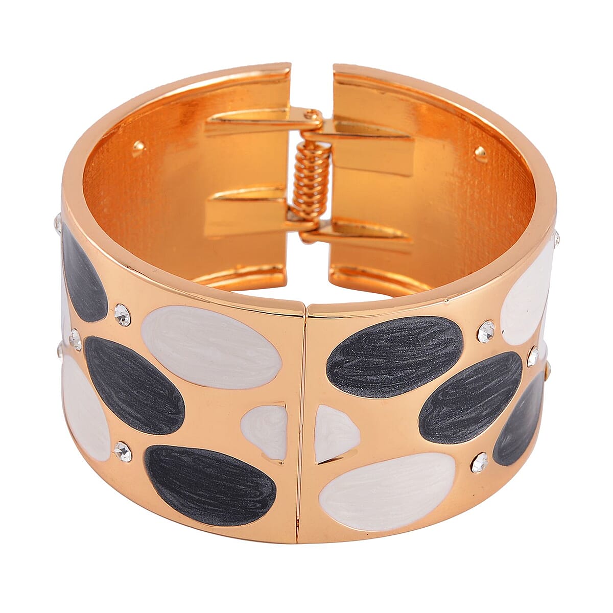 White Austrian Crystal, Black and White Enameled Bangle Bracelet in Goldtone (7.00 In) image number 4