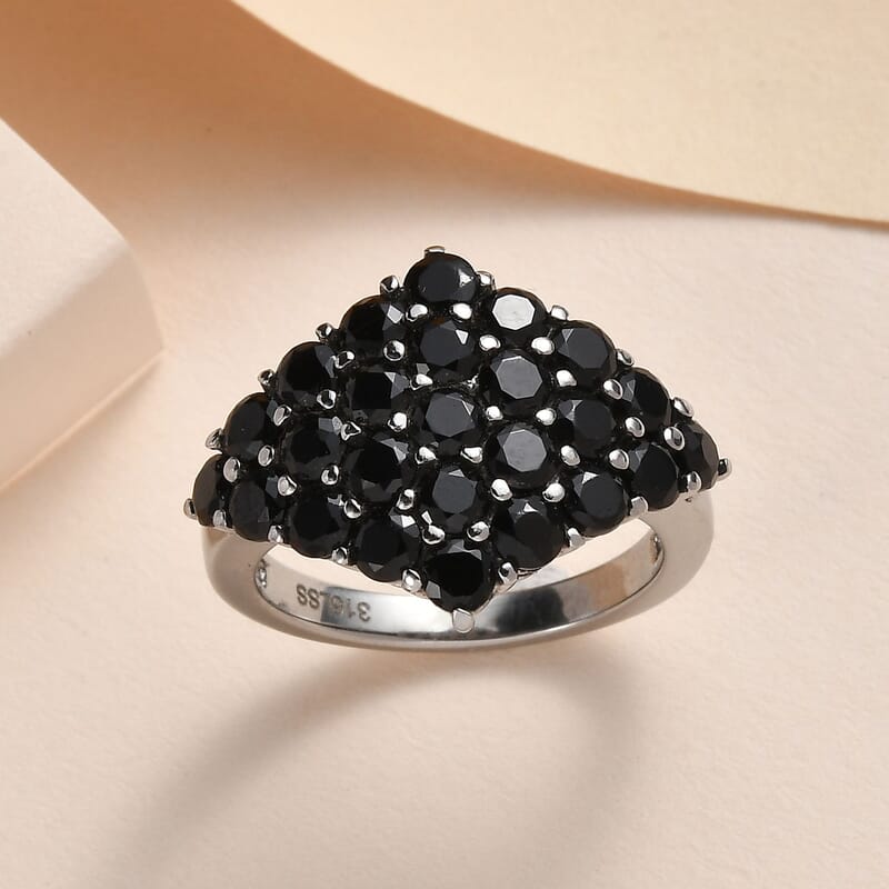 Thai Black Spinel Cluster Ring in Stainless Steel (Size 10.0) 3.40 ctw