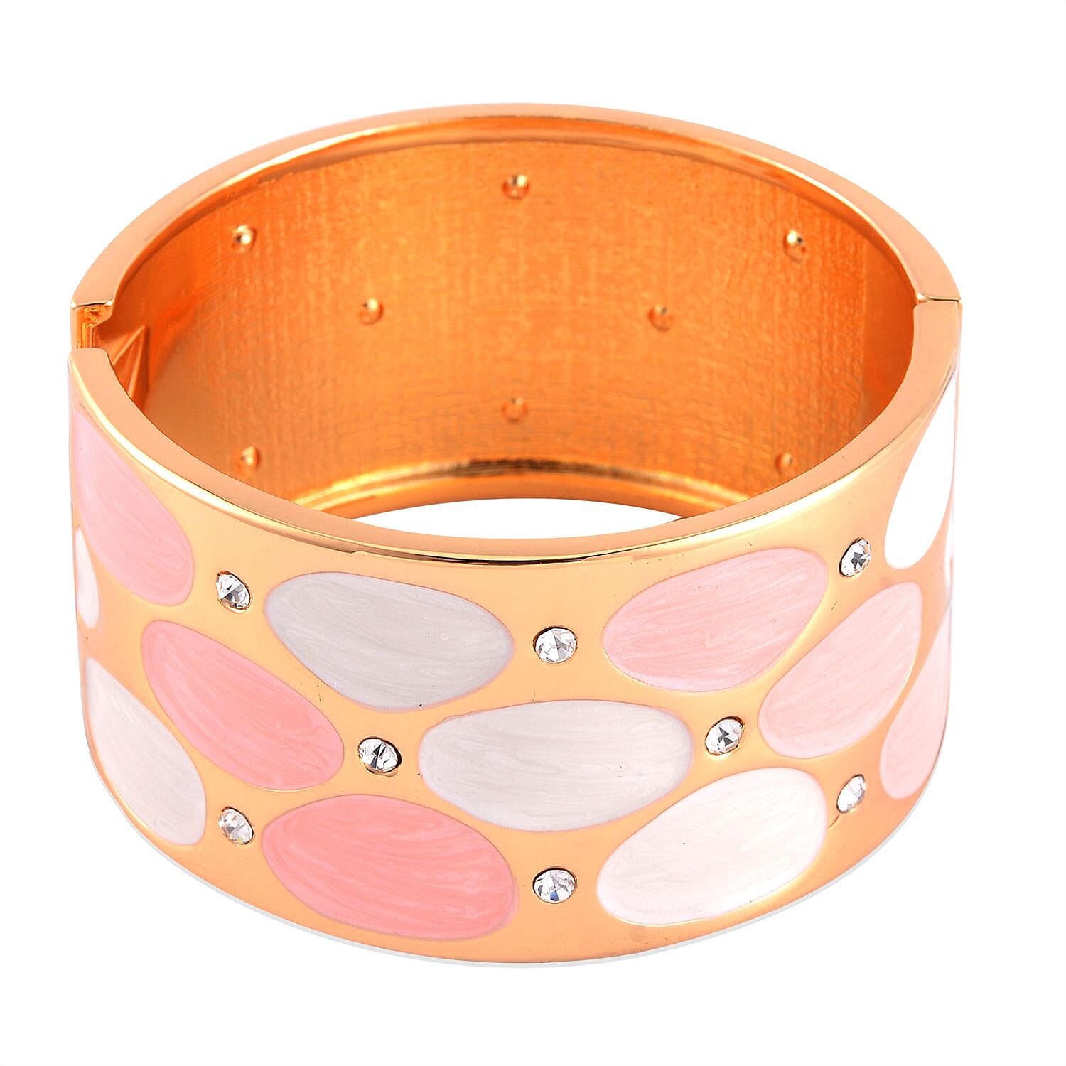 White Austrian Crystal and Pink Enameled Bangle Bracelet in Goldtone (7.00 In)