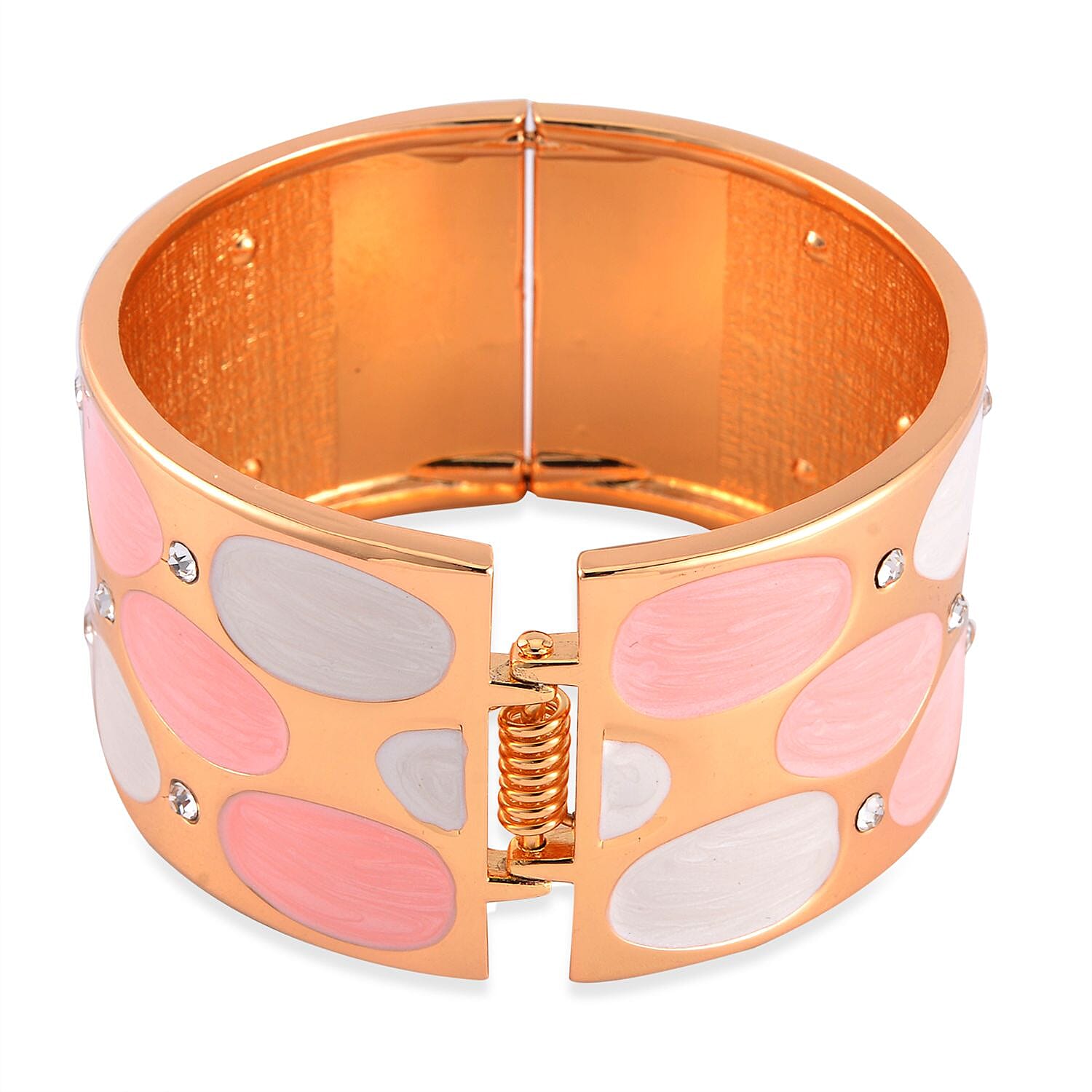 White Austrian Crystal and Pink Enameled Bangle Bracelet in Goldtone (7.00 In)