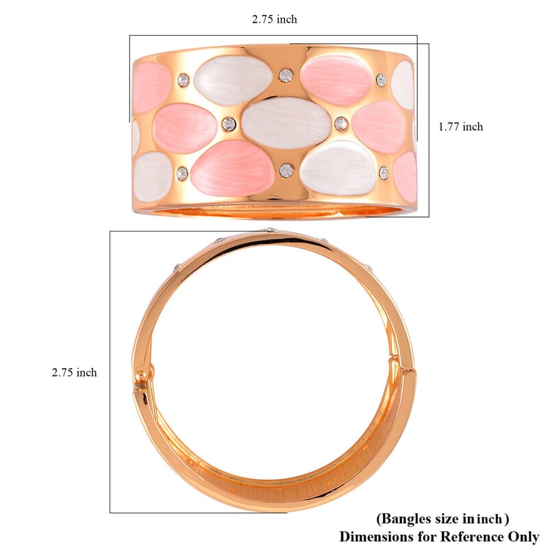 White Austrian Crystal and Pink Enameled Bangle Bracelet in Goldtone (7.00 In)