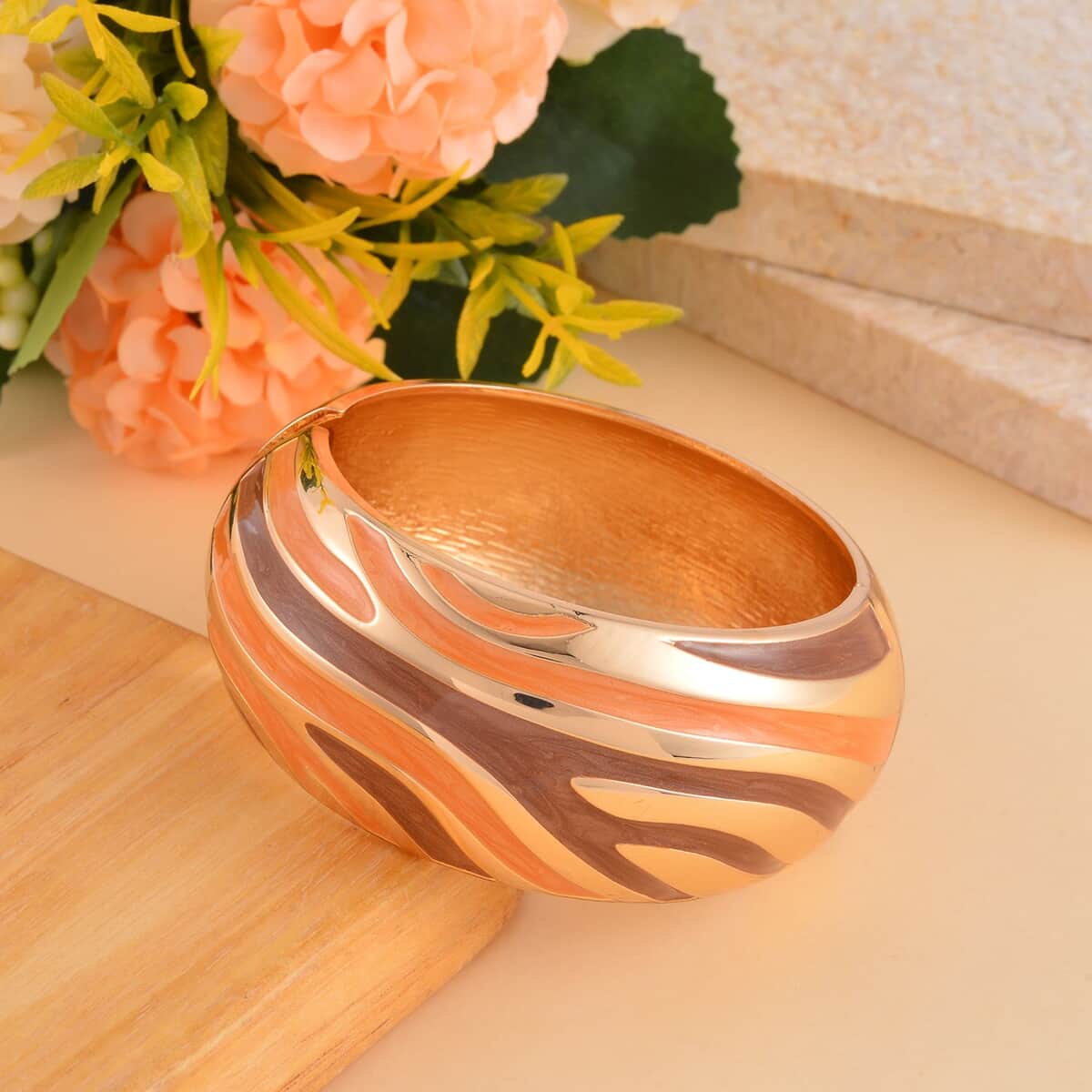 Orange and Brown Enameled Bangle Bracelet (7.00 In) in Goldtone image number 1