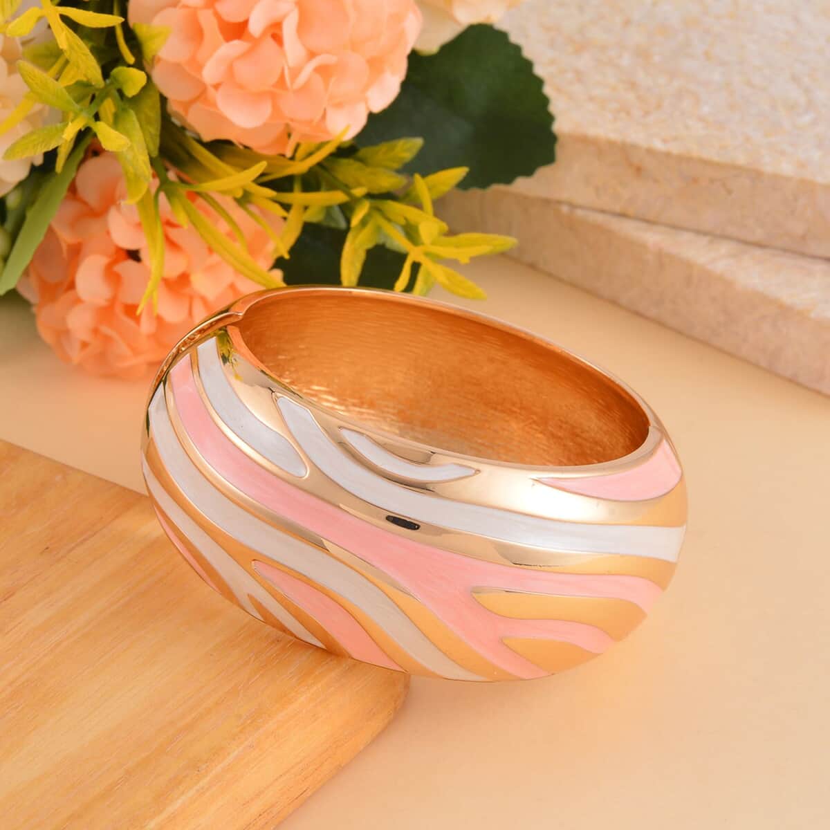 Pink and White Enameled Bangle Bracelet (7.00 In) in Goldtone image number 1