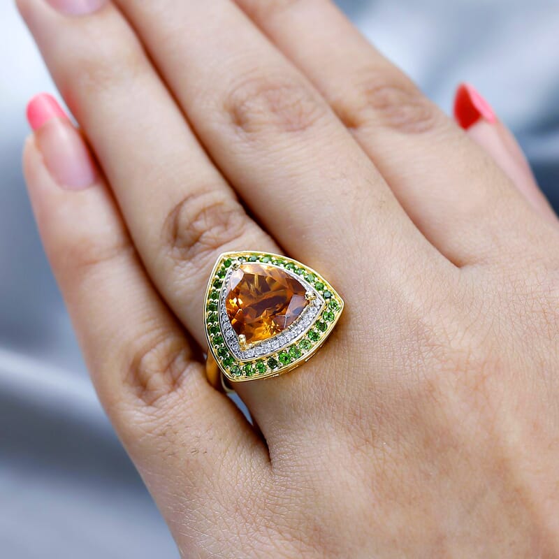 Premium Serra Gaucha Citrine and Multi Gemstone Double Halo Ring in Vermeil Yellow Gold Over Sterling Silver (Size 10.0) 5.10 ctw