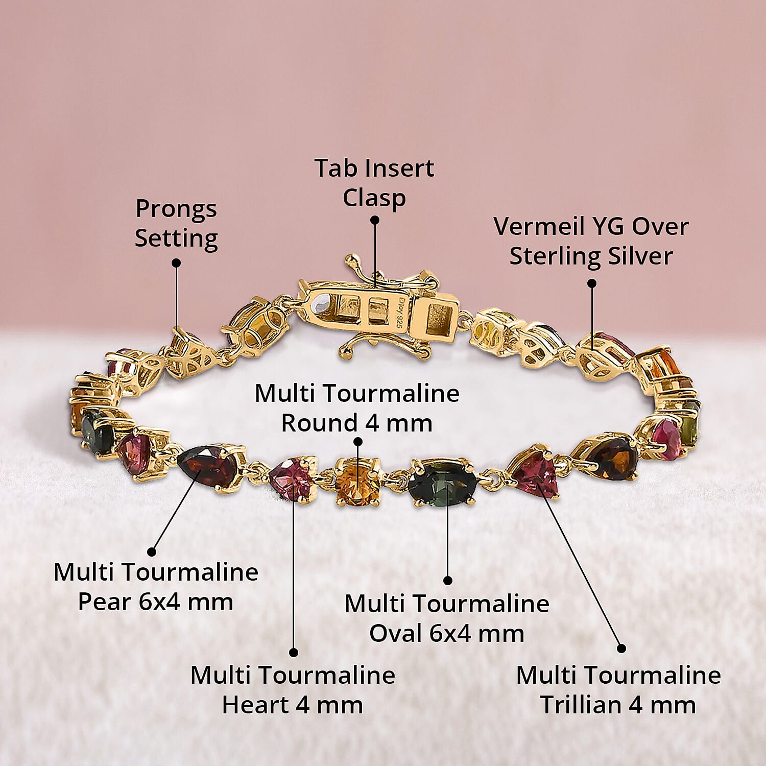 Multi-Tourmaline Link Bracelet in Vermeil Yellow Gold Over Sterling Silver (6.50 In) 6.50 ctw