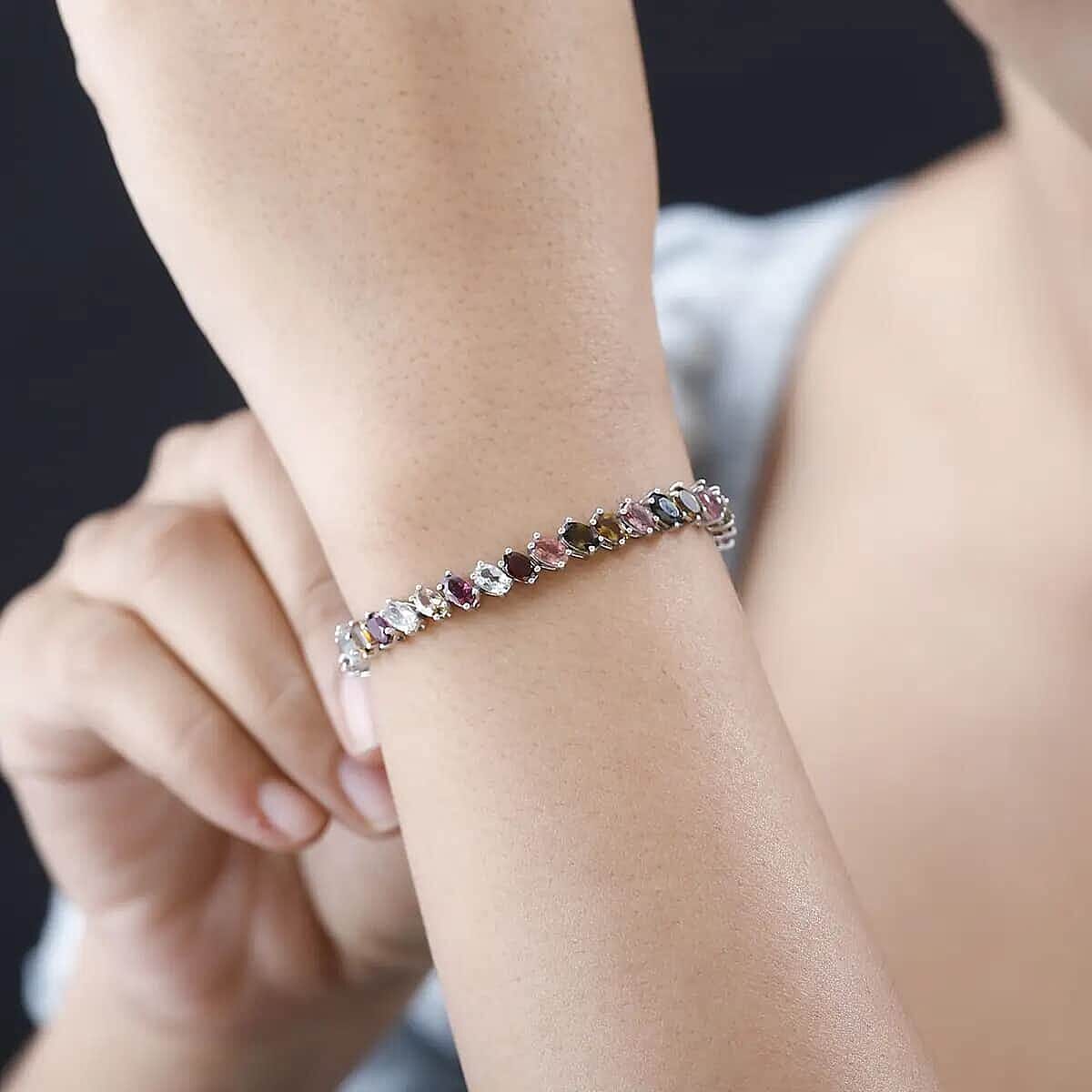 Multi-Tourmaline Tennis Bracelet, Platinum Over Sterling Silver Bracelet, Multi Tourmaline Jewelry, Colorful Bracelet, Gifts for Her (8.00 In) 12.90 ctw image number 5