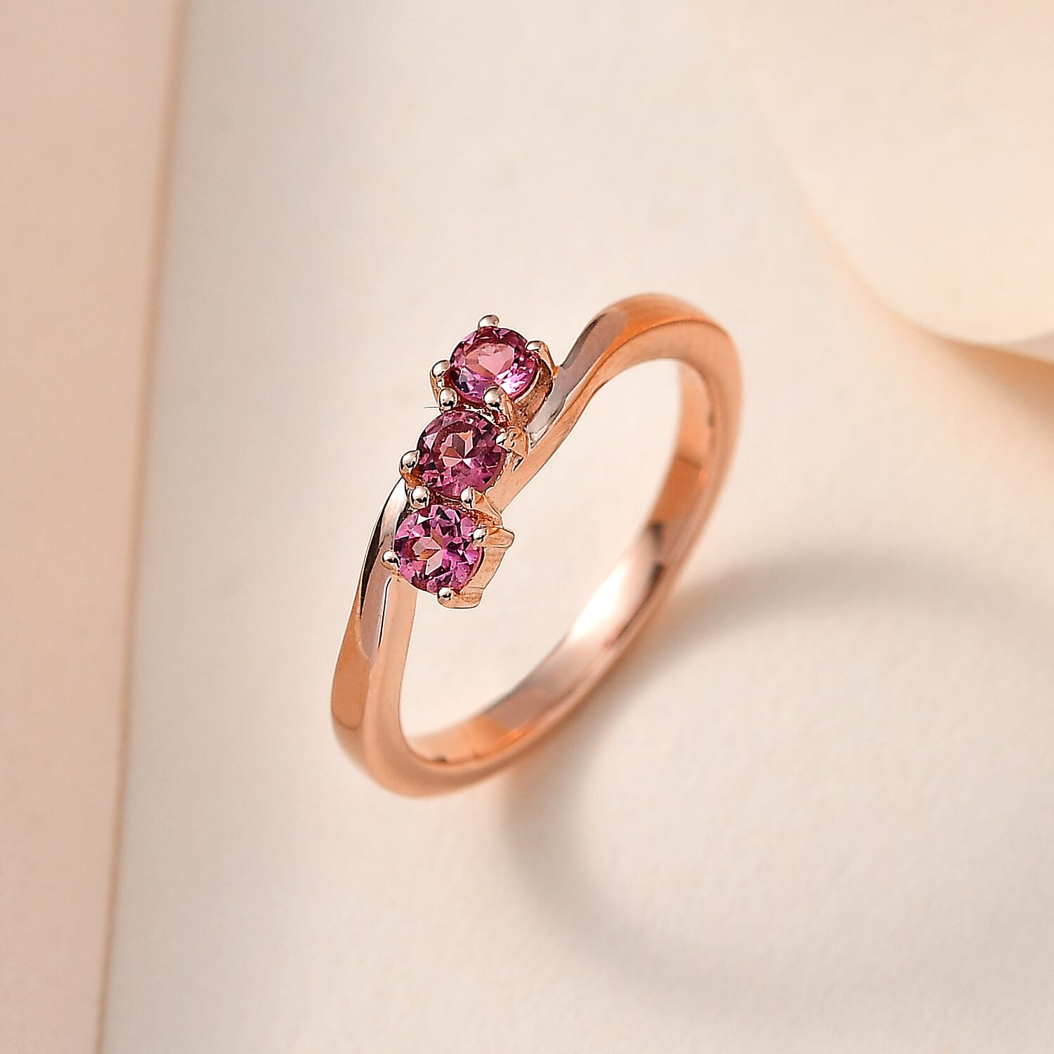 Premium Natural Calabar Pink Tourmaline Bypass 3 Stone Ring in Vermeil Rose Gold Over Sterling Silver (Size 10.0) 0.35 ctw