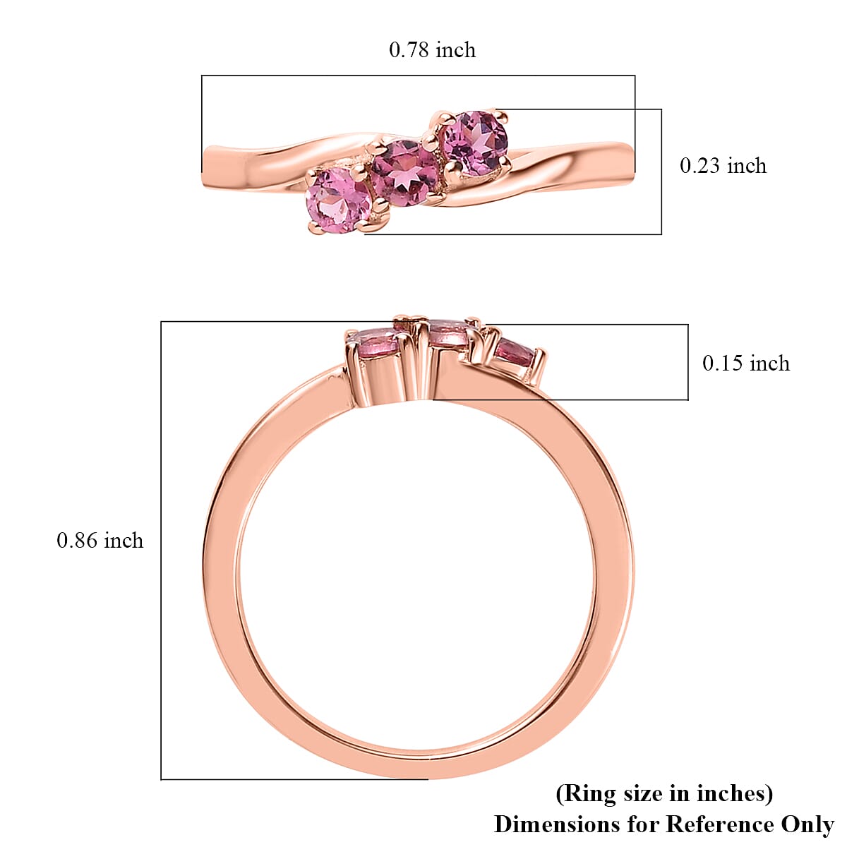 Premium Natural Calabar Pink Tourmaline Bypass 3 Stone Ring in Vermeil Rose Gold Over Sterling Silver (Size 10.0) 0.35 ctw