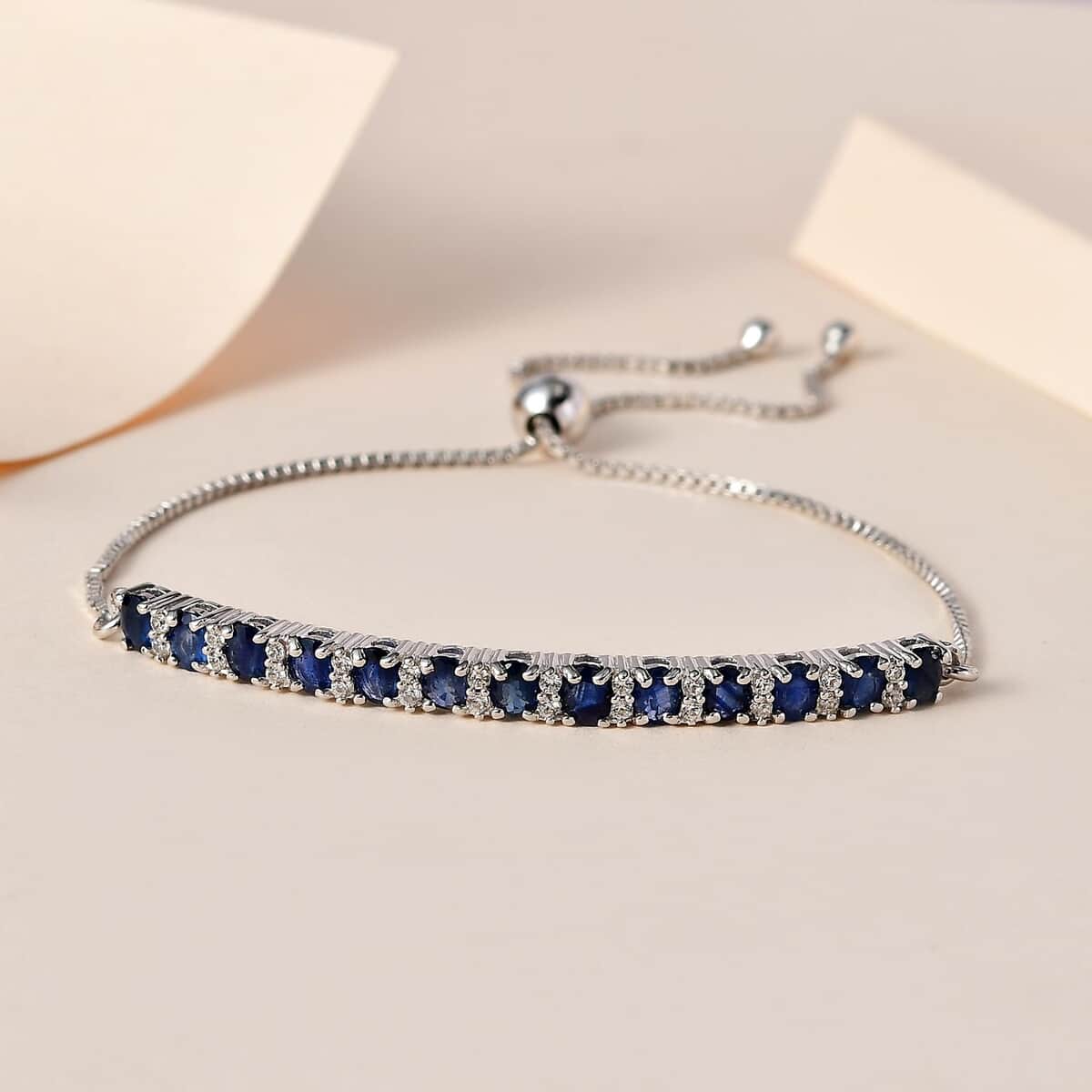 Kanchanaburi Blue Sapphire and White Zircon Bolo Bracelet in Platinum Over Sterling Silver 2.65 ctw image number 1