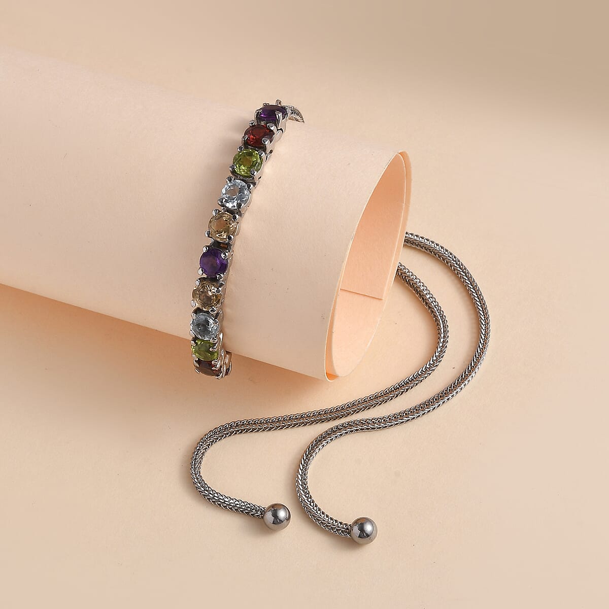 Multi Gemstone Bolo Bracelet in Stainless Steel (10.50 In) 3.00 ctw image number 1