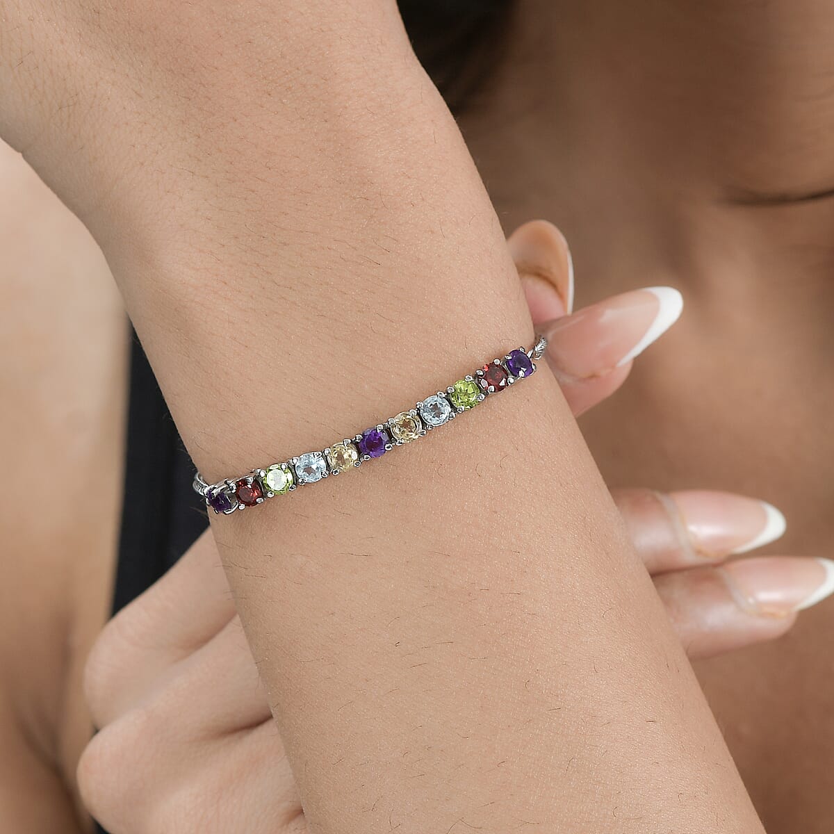 Multi Gemstone Bolo Bracelet in Stainless Steel (10.50 In) 3.00 ctw image number 2