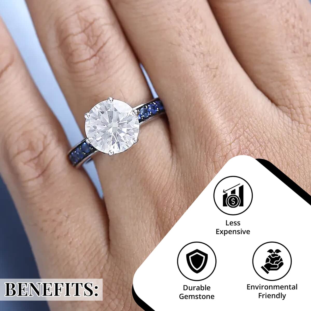 Heart and Arrow Cut Moissanite Ring, Blue Sapphire Accent Ring, Platinum Over Sterling Silver Ring, Moissanite Jewelry 5.25 ctw (Size 10.0) image number 3