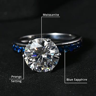 Heart & Arrow Cut Moissanite and Blue Sapphire 4.50 ctw Ring, Platinum Over Sterling Silver Ring, Moissanite Jewelry (Size 10)