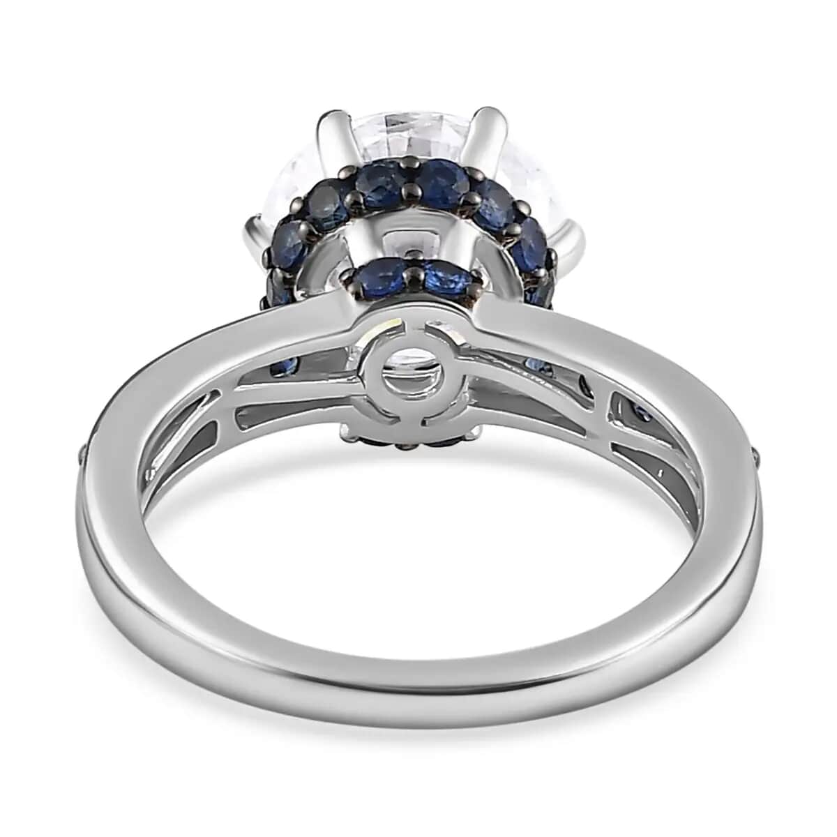 Heart and Arrow Cut Moissanite Ring, Blue Sapphire Accent Ring, Platinum Over Sterling Silver Ring, Moissanite Jewelry 5.25 ctw (Size 10.0) image number 5