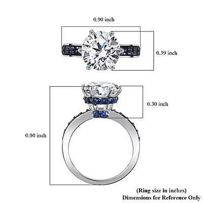 Heart & Arrow Cut Moissanite and Blue Sapphire 4.50 ctw Ring, Platinum Over Sterling Silver Ring, Moissanite Jewelry (Size 10)