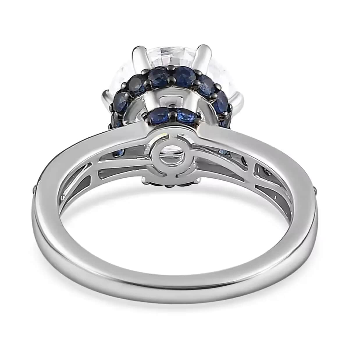 Doorbuster Moissanite and Blue Sapphire Ring in Platinum Over Sterling Silver (Size 10.0) 5.25 ctw image number 8