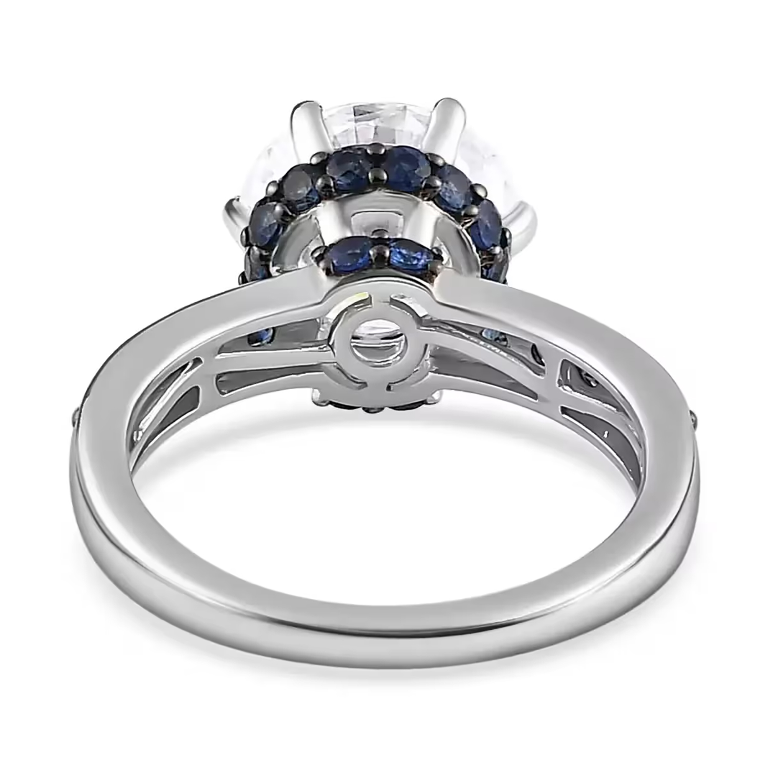 Heart & Arrow Cut Moissanite and Blue Sapphire 4.50 ctw Ring, Platinum Over Sterling Silver Ring, Moissanite Jewelry (Size 10)
