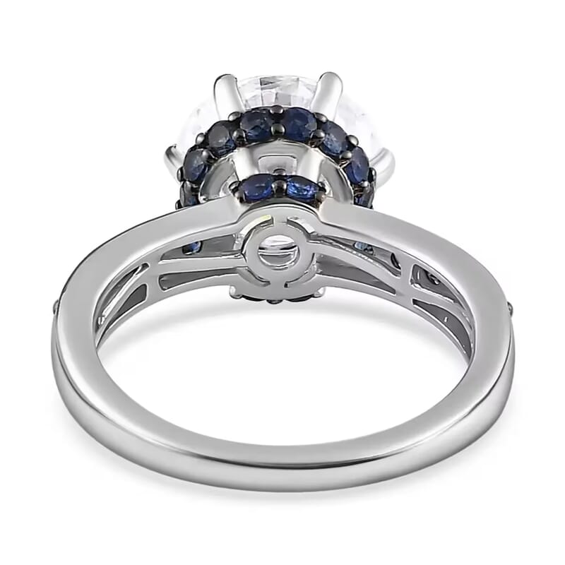 Heart & Arrow Cut Moissanite and Blue Sapphire 4.50 ctw Ring, Platinum Over Sterling Silver Ring, Moissanite Jewelry (Size 10)