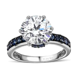 Heart & Arrow Cut Moissanite and Blue Sapphire 4.50 ctw Ring, Platinum Over Sterling Silver Ring, Moissanite Jewelry (Size 5)