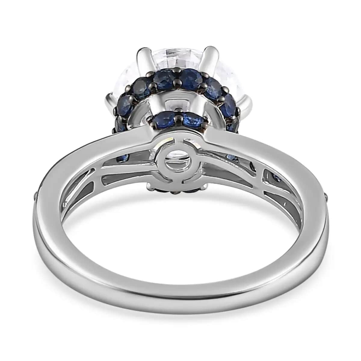 Heart & Arrow Cut Moissanite and Blue Sapphire 4.50 ctw Ring, Platinum Over Sterling Silver Ring, Moissanite Jewelry (Size 5) image number 5