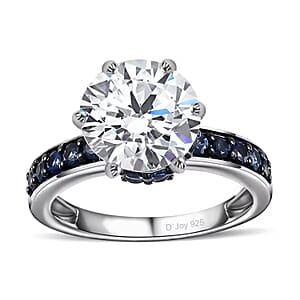 Heart & Arrow Cut Moissanite and Blue Sapphire 4.50 ctw Ring, Platinum Over Sterling Silver Ring, Moissanite Jewelry (Size 6)