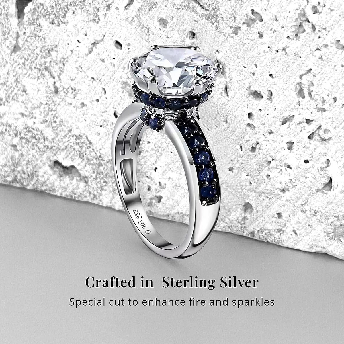 Heart & Arrow Cut Moissanite and Blue Sapphire 4.50 ctw Ring, Platinum Over Sterling Silver Ring, Moissanite Jewelry (Size 6) image number 2