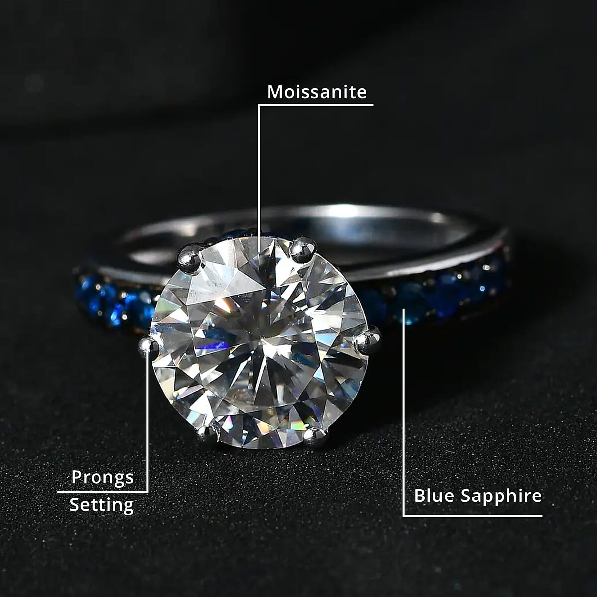 Heart & Arrow Cut Moissanite and Blue Sapphire 4.50 ctw Ring, Platinum Over Sterling Silver Ring, Moissanite Jewelry (Size 6) image number 5