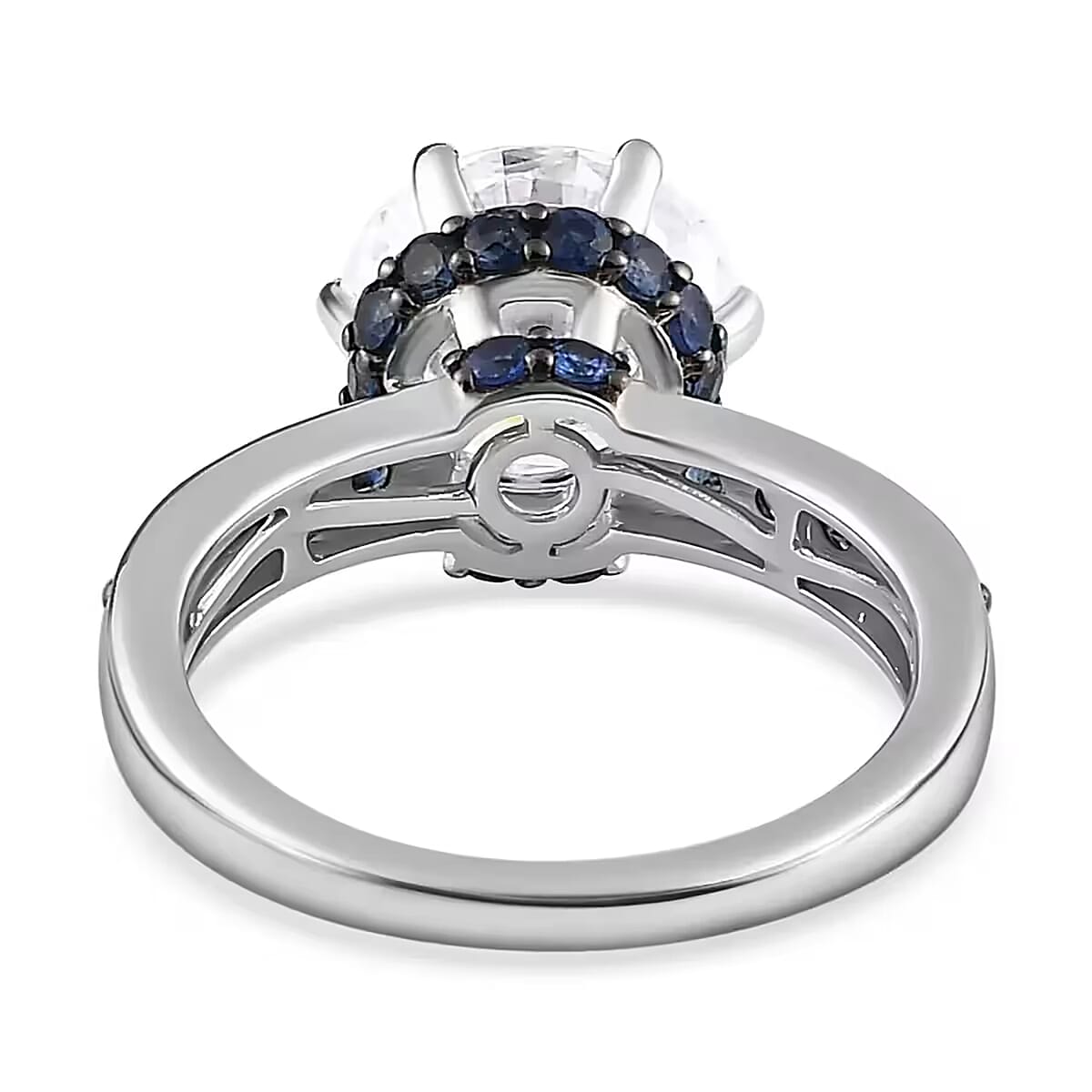 Heart & Arrow Cut Moissanite and Blue Sapphire 4.50 ctw Ring, Platinum Over Sterling Silver Ring, Moissanite Jewelry (Size 6) image number 8