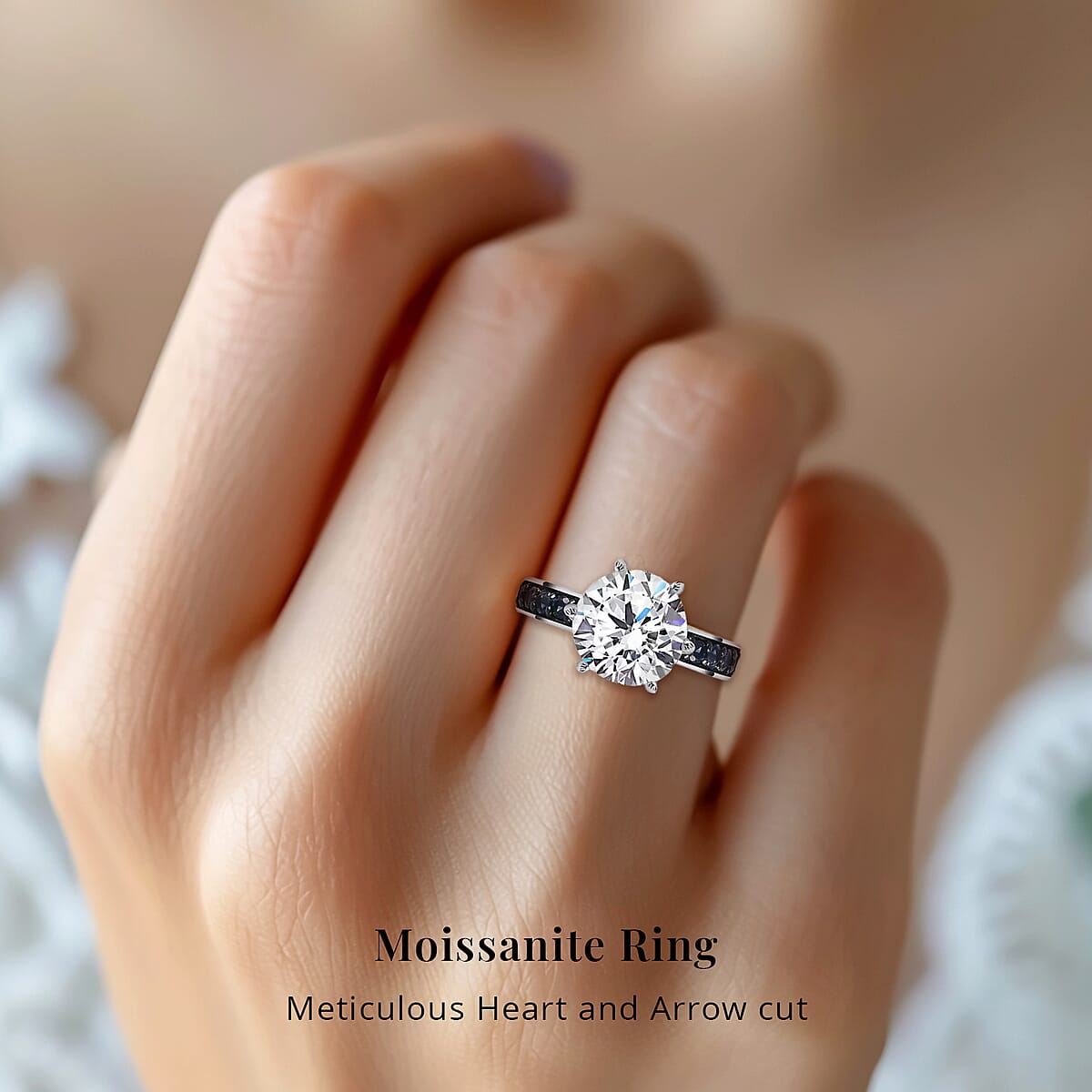 Heart & Arrow Cut Moissanite and Blue Sapphire 4.50 ctw Ring, Platinum Over Sterling Silver Ring, Moissanite Jewelry (Size 8) image number 1
