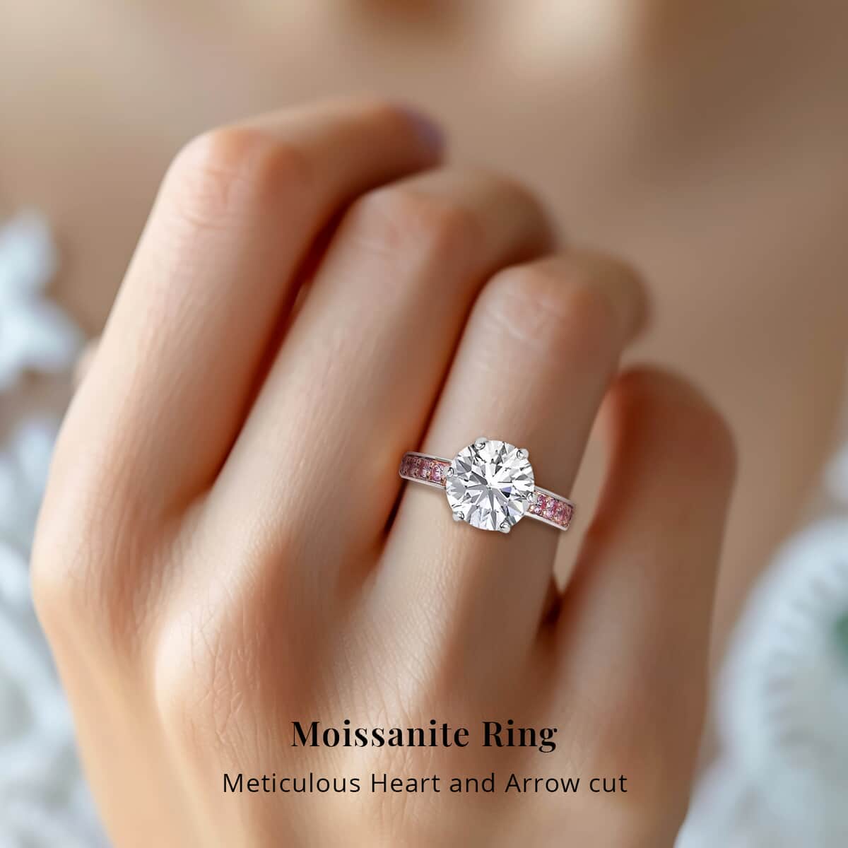 Heart & Arrow Cut Moissanite Ring, Madagascar Pink Sapphire Accent Ring, Platinum Over Sterling Silver Ring, Moissanite Jewelry 4.50 ctw (Size 5) image number 1