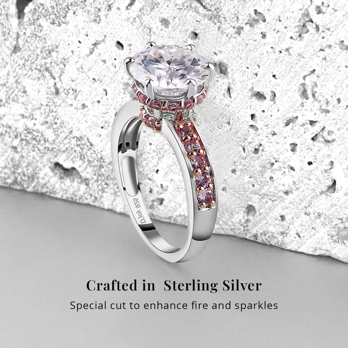 Heart & Arrow Cut Moissanite Ring, Madagascar Pink Sapphire Accent Ring, Platinum Over Sterling Silver Ring, Moissanite Jewelry 4.50 ctw (Size 5) image number 2