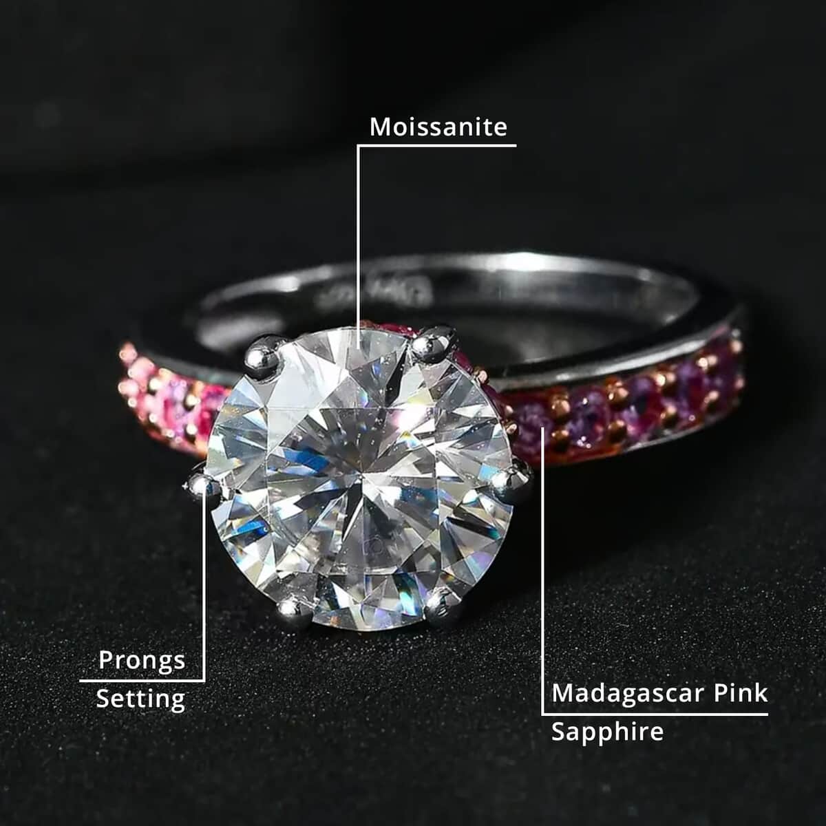 Heart & Arrow Cut Moissanite Ring, Madagascar Pink Sapphire Accent Ring, Platinum Over Sterling Silver Ring, Moissanite Jewelry 4.50 ctw (Size 5) image number 5