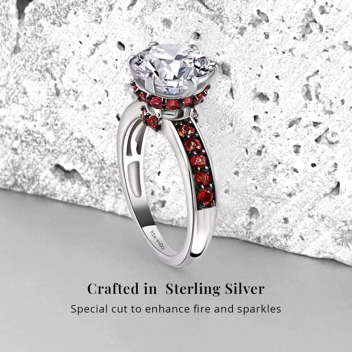 Heart & Arrow Cut Moissanite and Red Sapphire 4.50 ctw Accent Ring, Platinum Over Sterling Silver Ring, Moissanite Jewelry (Size 10.0) image number 2