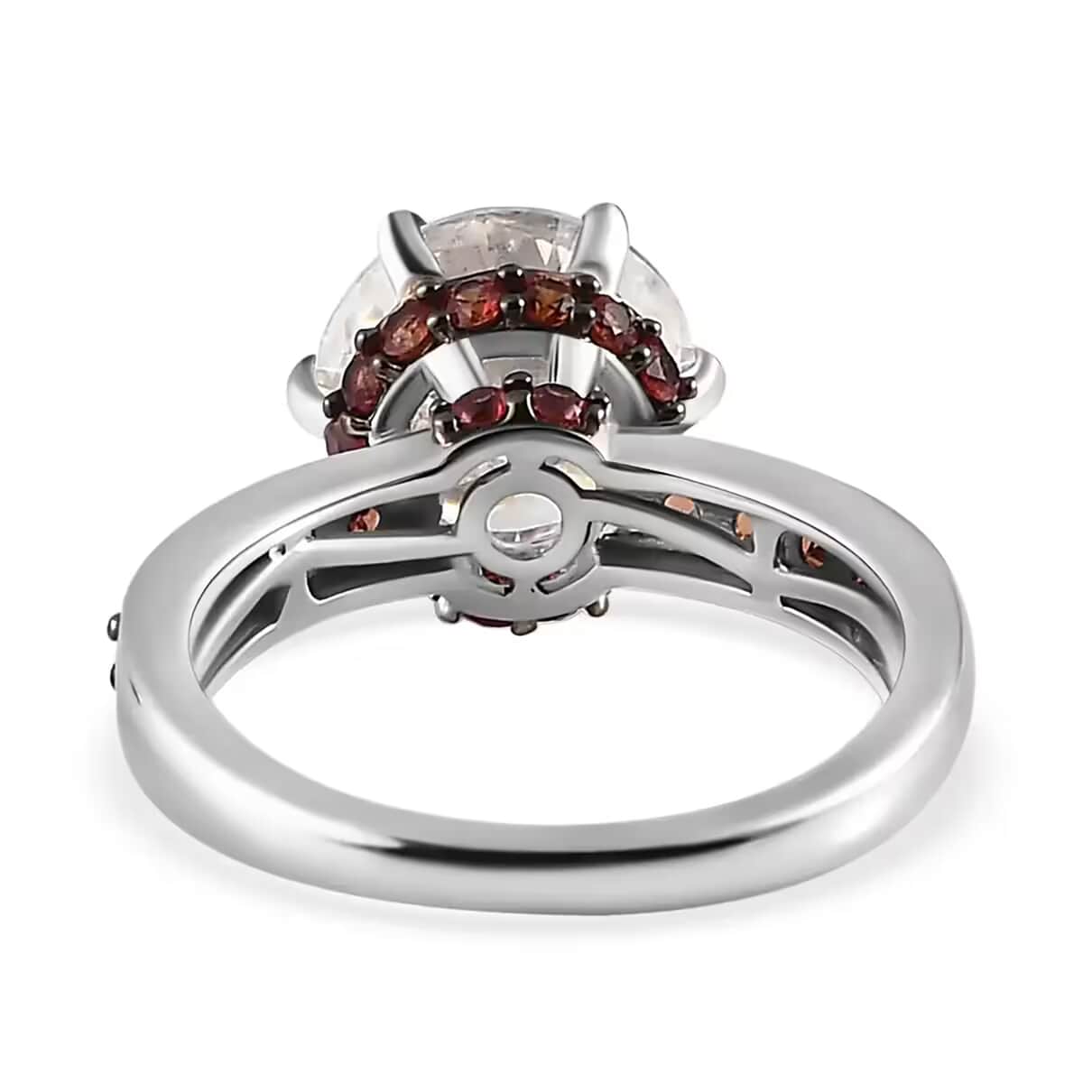 Heart & Arrow Cut Moissanite and Red Sapphire 4.50 ctw Accent Ring, Platinum Over Sterling Silver Ring, Moissanite Jewelry (Size 10.0) image number 8