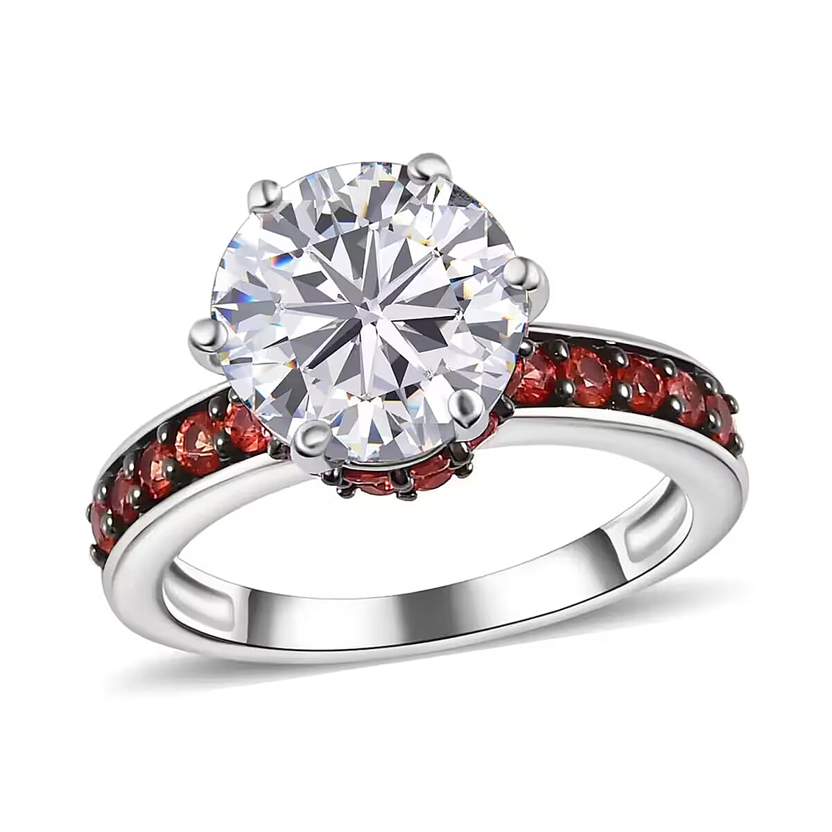 Heart & Arrow Cut Moissanite and Red Sapphire 4.50 ctw Accent Ring, Platinum Over Sterling Silver Ring, Moissanite Jewelry (Size 6.0) image number 0