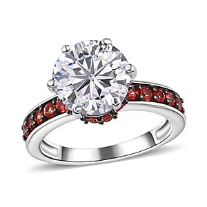 Heart & Arrow Cut Moissanite and Red Sapphire 4.50 ctw Accent Ring, Platinum Over Sterling Silver Ring, Moissanite Jewelry (Size 6.0)