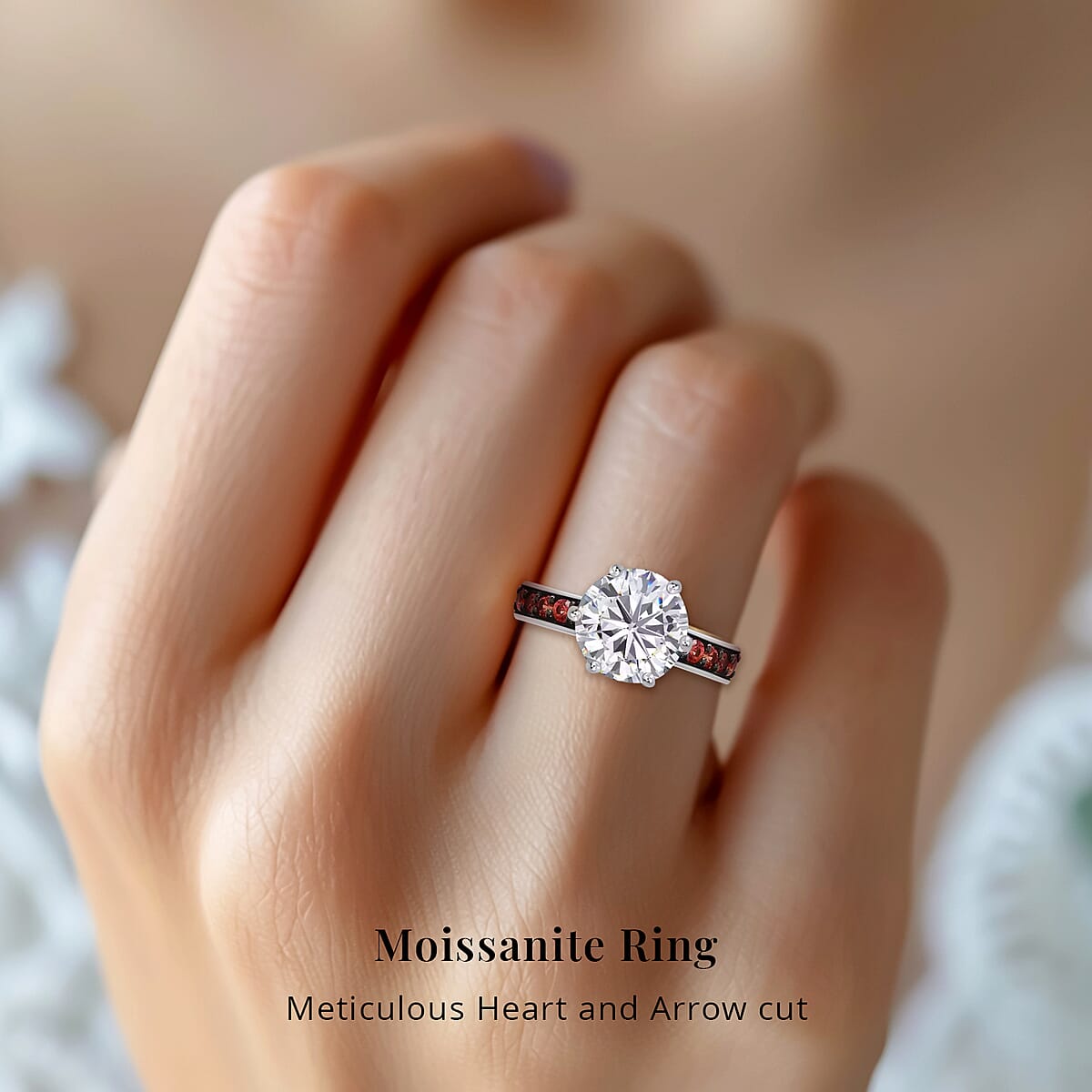 Heart & Arrow Cut Moissanite and Red Sapphire 4.50 ctw Accent Ring, Platinum Over Sterling Silver Ring, Moissanite Jewelry (Size 6.0) image number 1