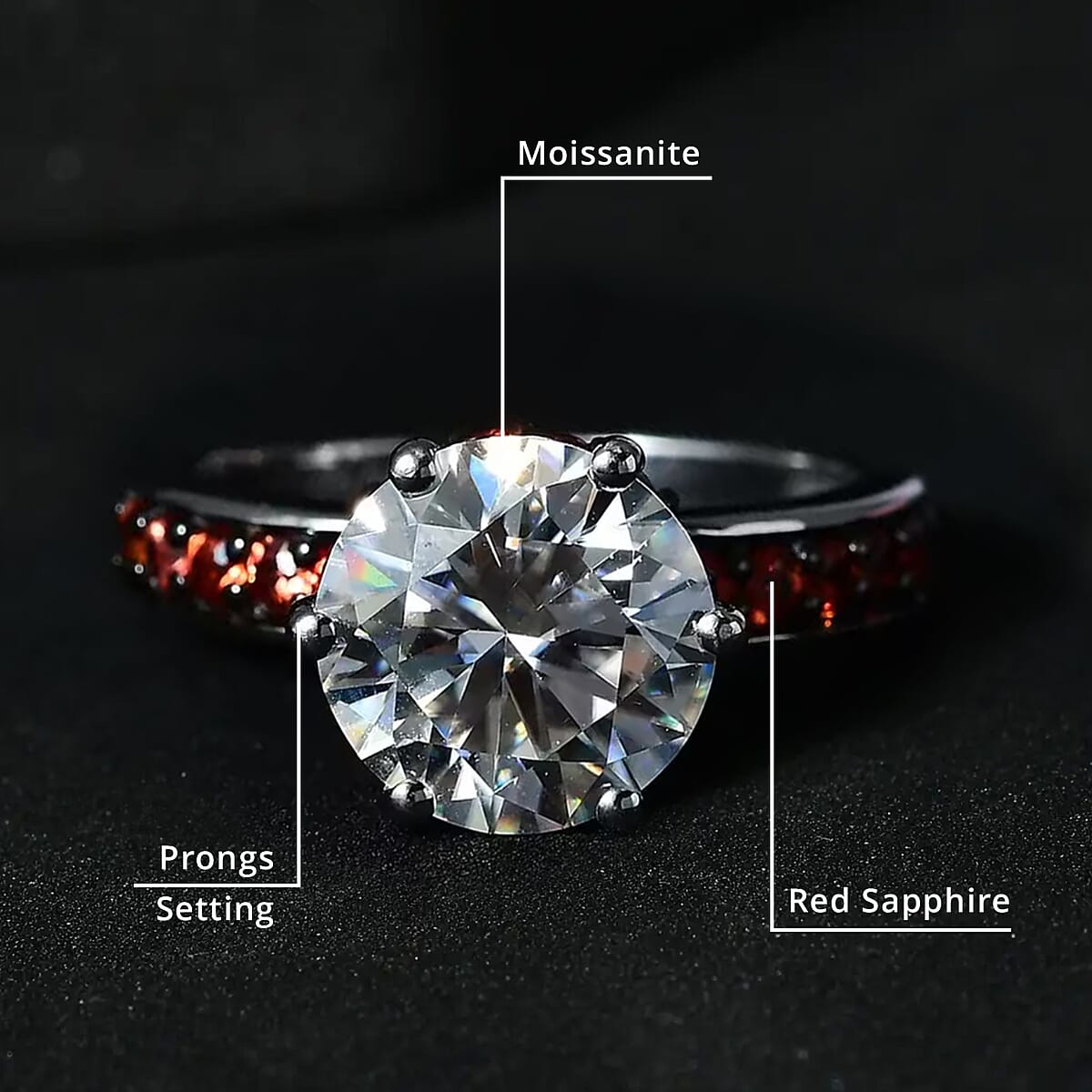 Heart & Arrow Cut Moissanite and Red Sapphire 4.50 ctw Accent Ring, Platinum Over Sterling Silver Ring, Moissanite Jewelry (Size 6.0) image number 5