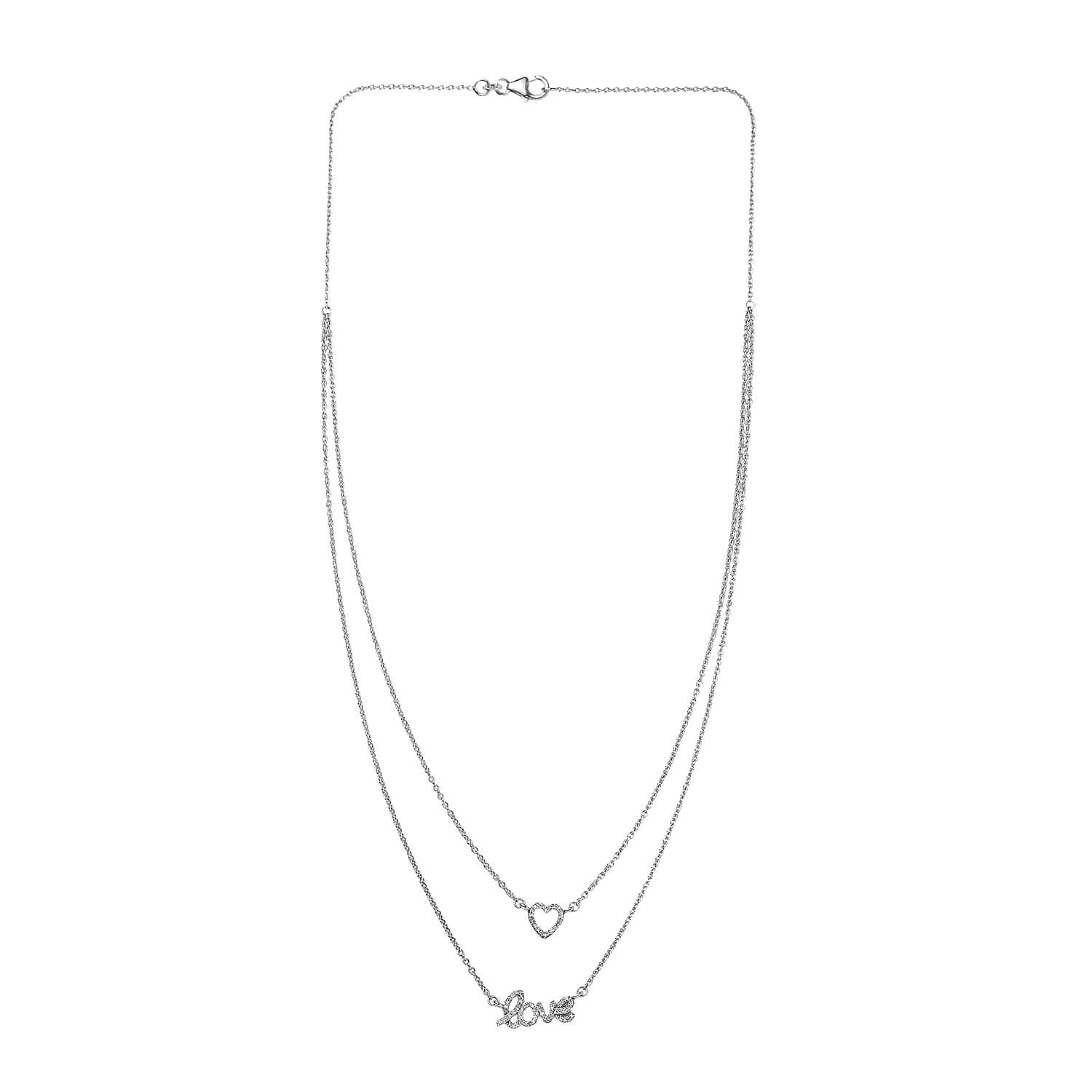 Diamond Heart and Love Necklace 20 Inches in Rhodium Over Sterling Silver 0.25 ctw
