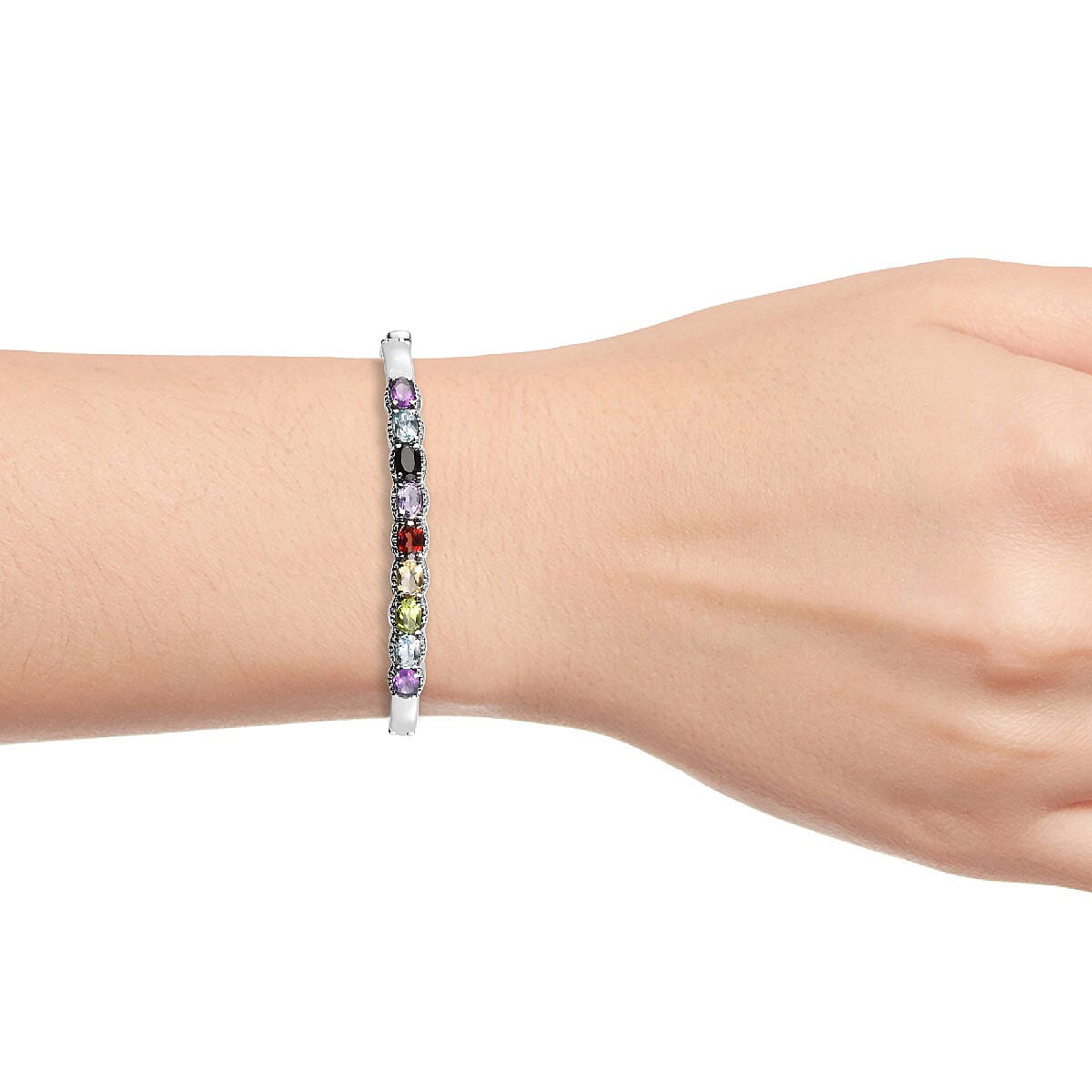 Multi Gemstone 4.30 ctw Bangle Bracelet in Stainless Steel (6.50 In)