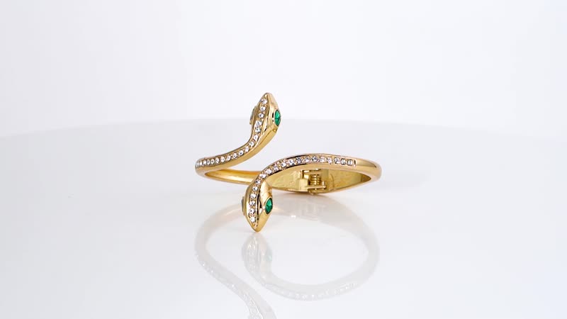 Green and White Austrian Crystal Snake Bangle Bracelet in Goldtone (7.0 in)