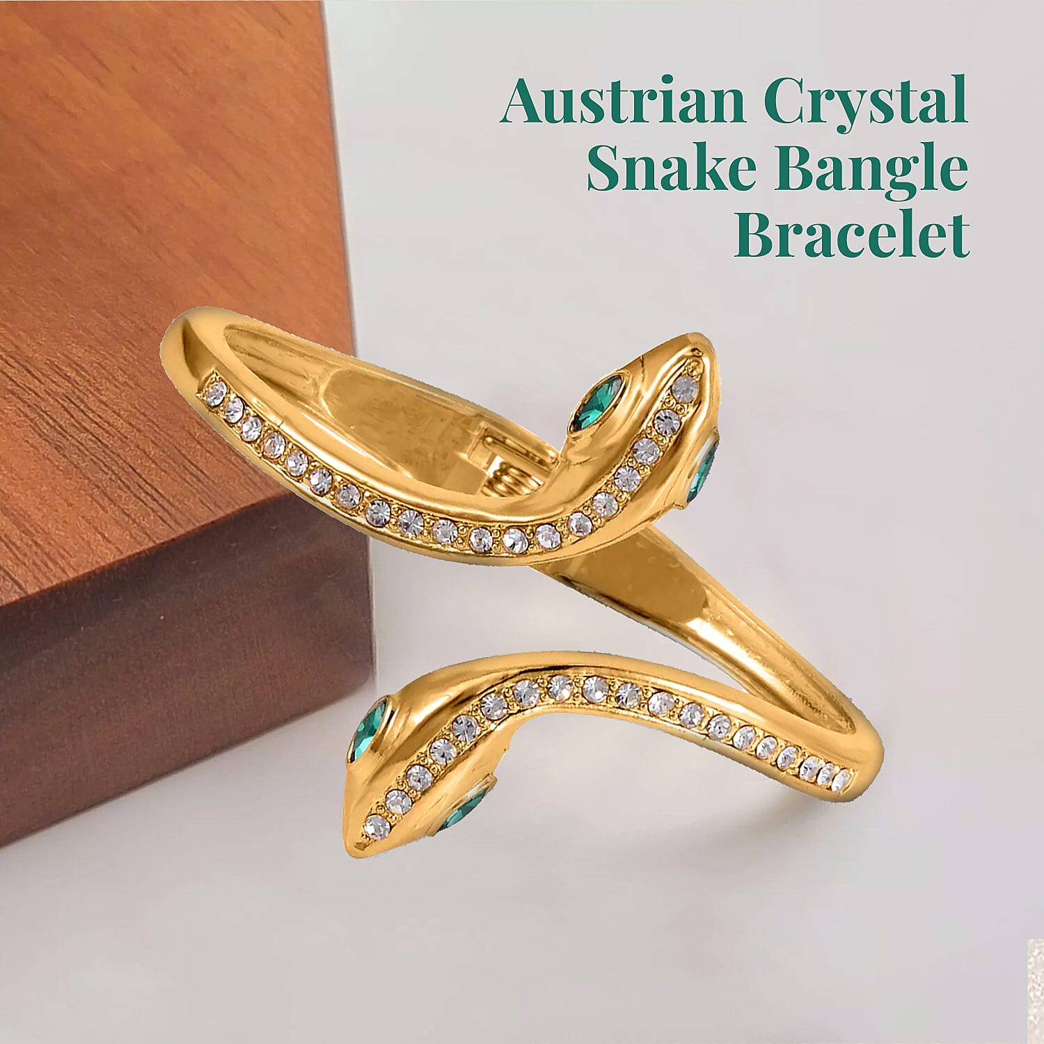 Green and White Austrian Crystal Snake Bangle Bracelet in Goldtone, Open End Snake Bracelet For Her, Gift For Her (7.0 in)