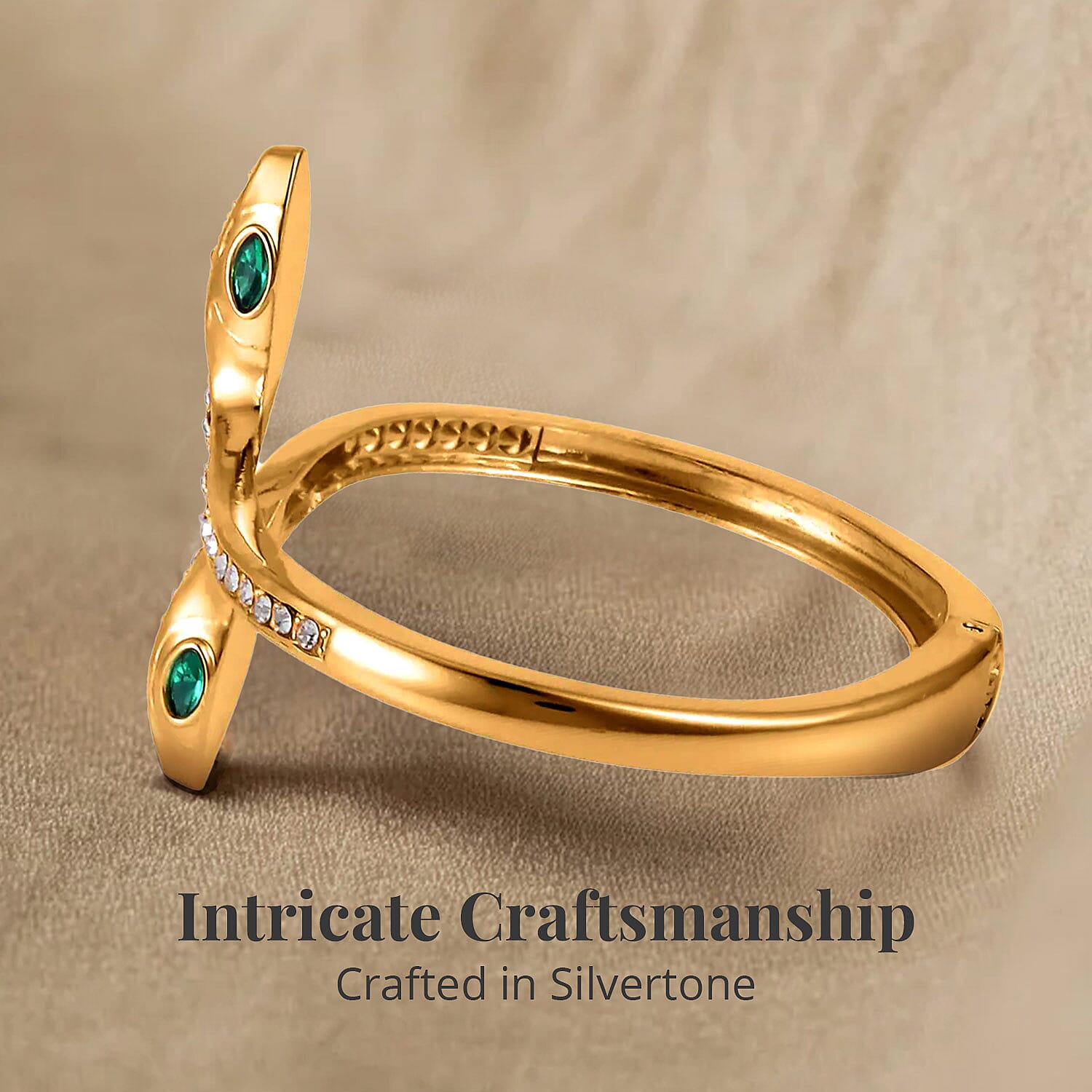 Green and White Austrian Crystal Snake Bangle Bracelet in Goldtone, Open End Snake Bracelet For Her, Gift For Her (7.0 in)