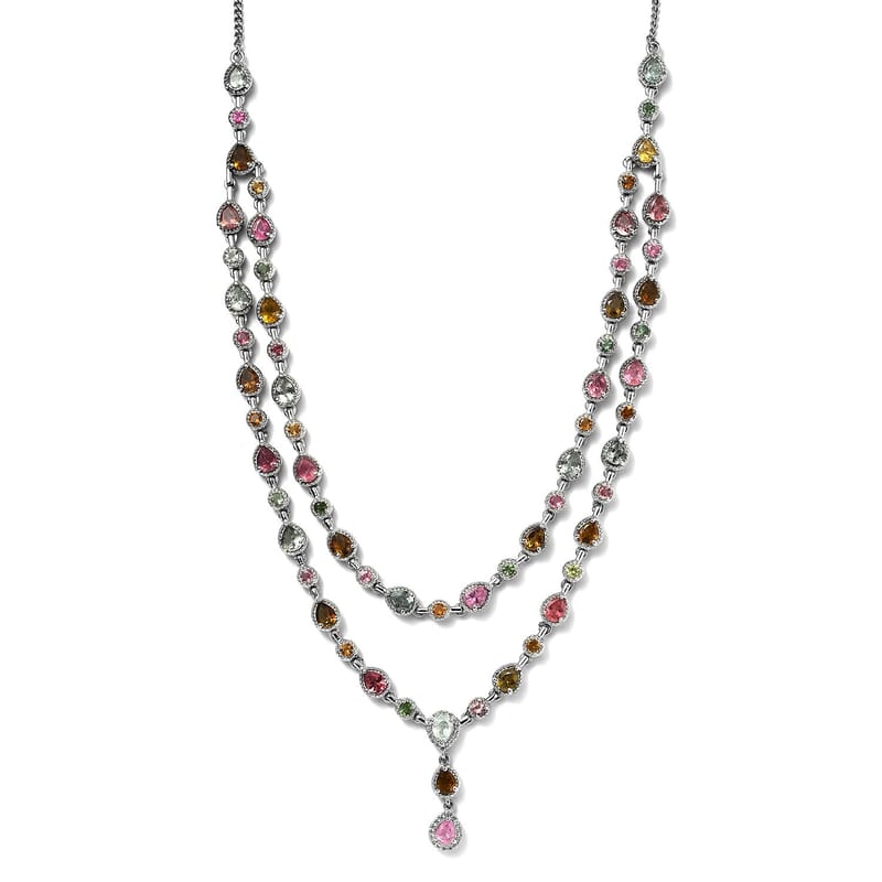 Multi-Tourmaline and White Zircon Necklace 18-20 Inches in Platinum Over Sterling Silver 12.40 ctw