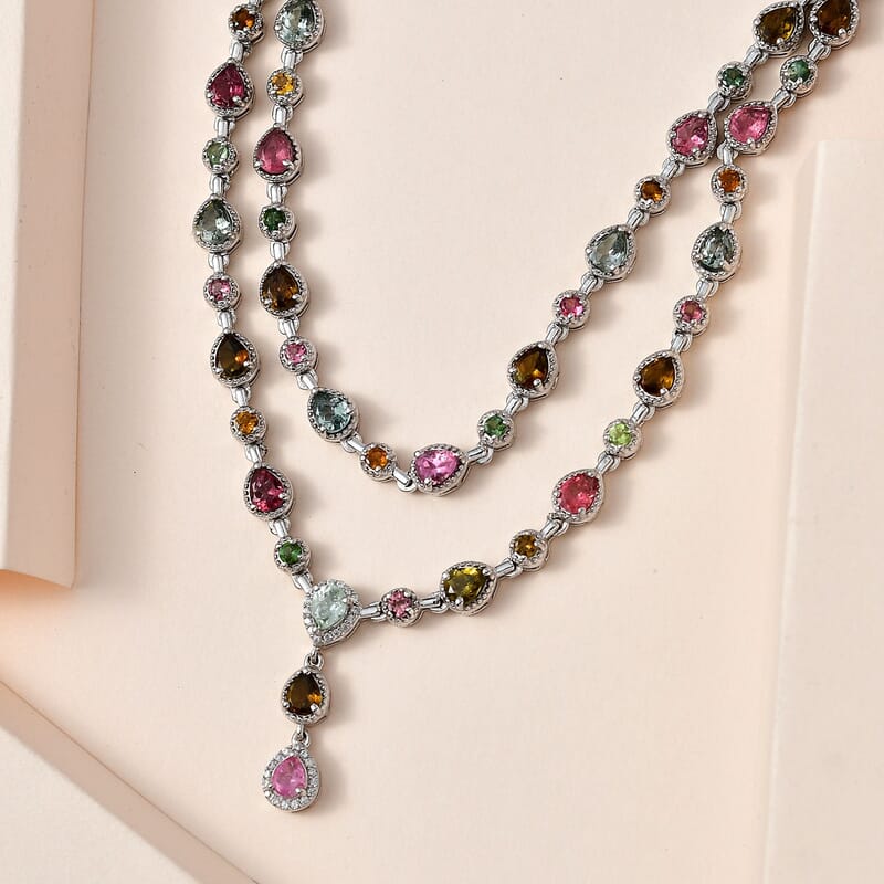 Multi-Tourmaline and White Zircon Necklace 18-20 Inches in Platinum Over Sterling Silver 12.40 ctw