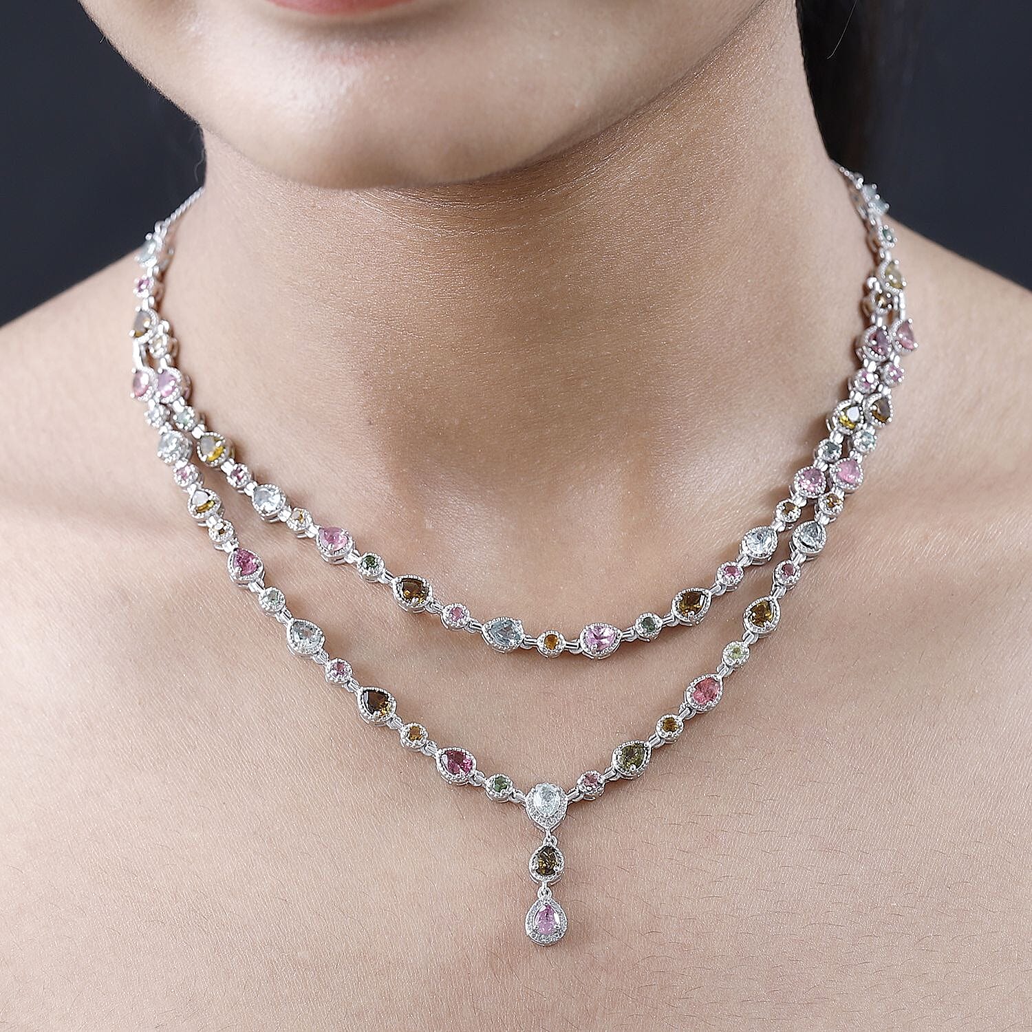 Multi-Tourmaline and White Zircon Necklace 18-20 Inches in Platinum Over Sterling Silver 12.40 ctw