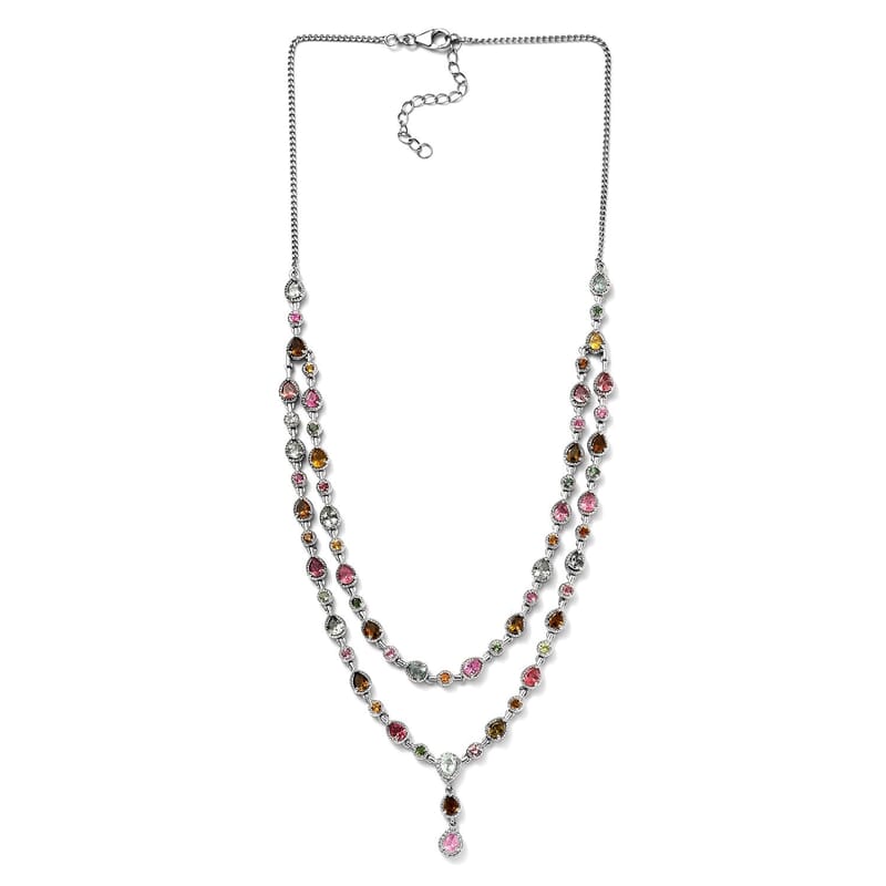 Multi-Tourmaline and White Zircon Necklace 18-20 Inches in Platinum Over Sterling Silver 12.40 ctw