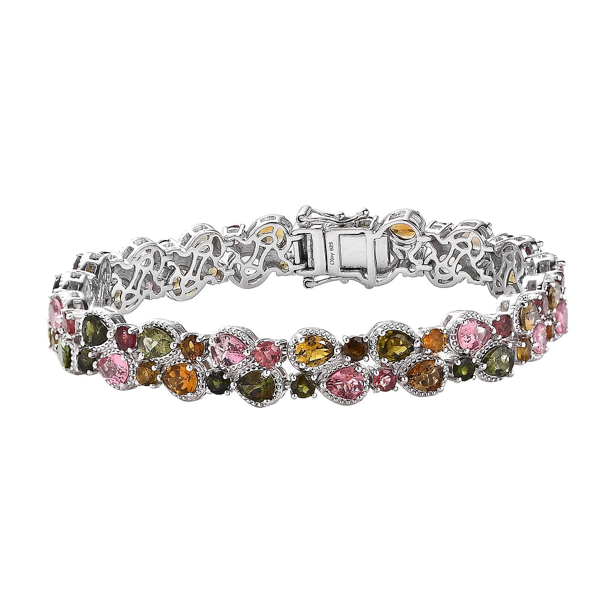 Buy Multi-Tourmaline 2 Row Bracelet in Platinum Over Sterling Silver (7 ...